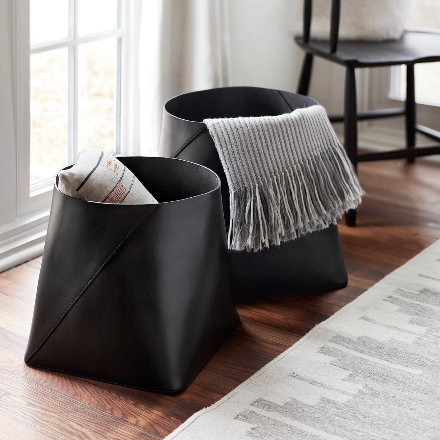 Azad Tall Leather Storage Bins - Black